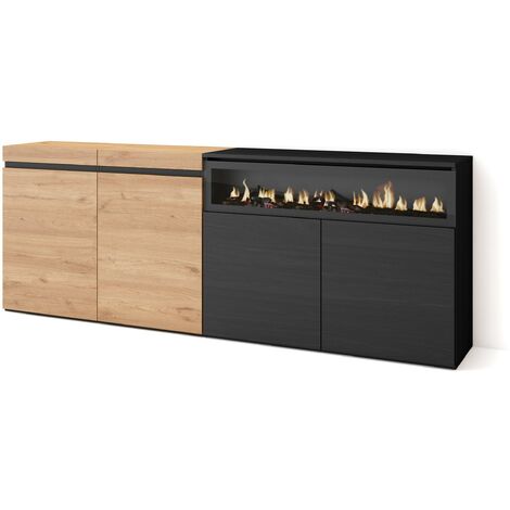 Skraut Home - Aparadores para salón, Gran capacidad de almacenaje, 200x75x35cm, 4 Puertas, Chimenea eléctrica, Estilo Moderno, Roble y negro
