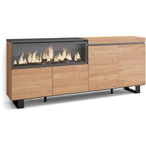 Skraut Home - Aparadores para salón, Gran capacidad de almacenaje, 210, 4 Puertas, Chimenea eléctrica XXL, Diseño industrial, Estilo Moderno, Roble