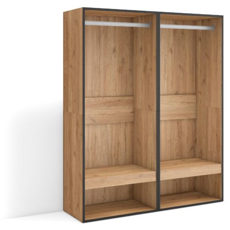 Skraut Home - Armadio Aperto, Appendiabiti con ripiani, 120x145x35 cm, Camera da letto, stanza, Vestiti, scarpe, Stile moderno, Rovere