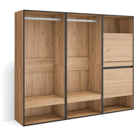 Skraut Home - Armadio Aperto, Appendiabiti con ripiani, 180x145x35 cm, Camera da letto, stanza, Scarpiera, Stile moderno, Rovere