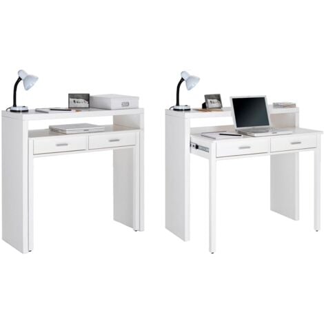 INNOVATION Skraut Home - Ausziehbarer Schreibtisch, Studio-Konsolentisch, Computertisch, PC, 2 Schubladen, mattweiß, Maße: 98,6x86,9x36- 70 cm Tiefe