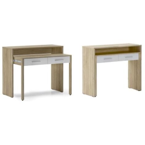 Skraut Home - Ausziehbarer Schreibtisch, Studio-Konsolentisch, Computertisch, PC, 2 Schubladen, Oberfläche Eiche/weiß, Maße: 98,6x86,9x36- 70 cm Tiefe