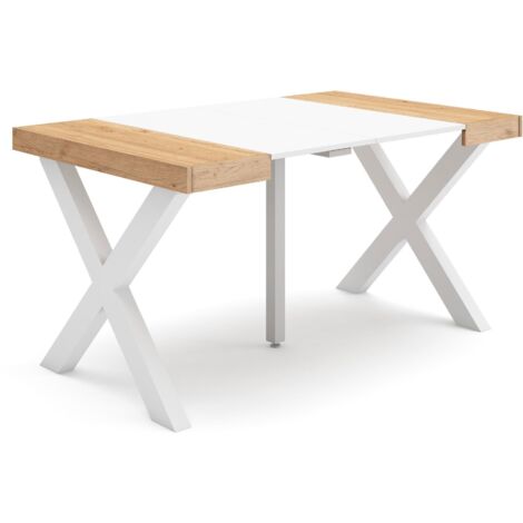 Skraut Home - Ausziehbarertisch, Multifunktionaler ausziehbarer, 140, Für 6 Gäste, Massivholz Beine, Moderner Stil, Eiche und weiß
