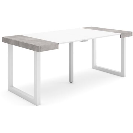 Skraut Home - Ausziehbarertisch, Multifunktionaler ausziehbarer, 180, Für 8 Gäste, Massivholz Beine, Moderner Stil, Mattweiß und Zementgrau
