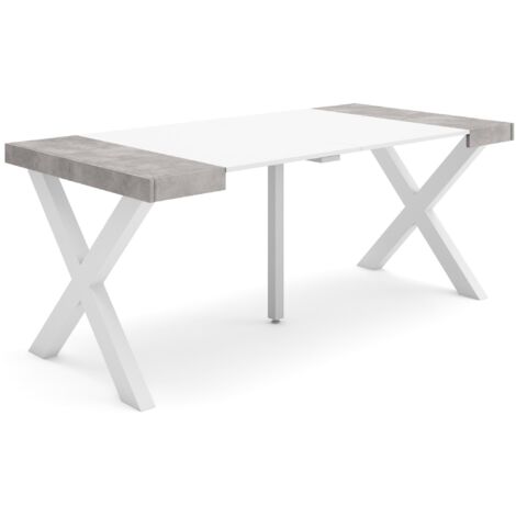 Skraut Home - Ausziehbarertisch, Multifunktionaler ausziehbarer, 180, Für 8 Gäste, Massivholz Beine, Moderner Stil, Mattweiß und Zementgrau