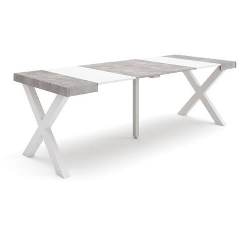 Skraut Home - Ausziehbarertisch, Multifunktionaler ausziehbarer, 220, Für 10 Gäste, Massivholz Beine, Moderner Stil, Mattweiß und Zementgrau