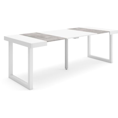 Skraut Home - Ausziehbarertisch, Multifunktionaler ausziehbarer, 220, Für 10 Gäste, Massivholz Beine, Moderner Stil, Mattweiß und Zementgrau