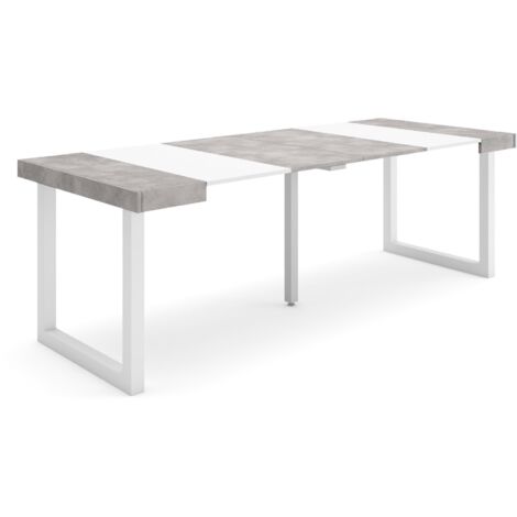 Skraut Home - Ausziehbarertisch, Multifunktionaler ausziehbarer, 220, Für 10 Gäste, Massivholz Beine, Moderner Stil, Mattweiß und Zementgrau