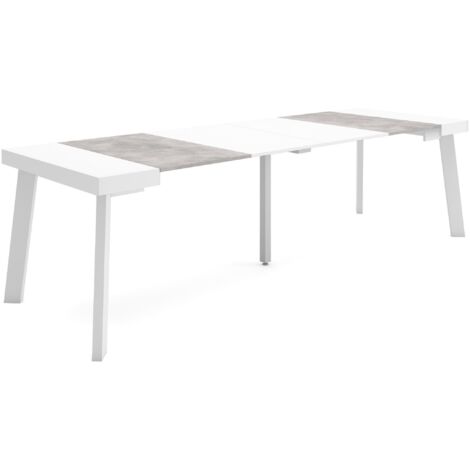 Skraut Home - Ausziehbarertisch, Multifunktionaler ausziehbarer, 260, Für 12 Gäste, Hölzerne Beine, Moderner Stil, Mattweiß und Zementgrau