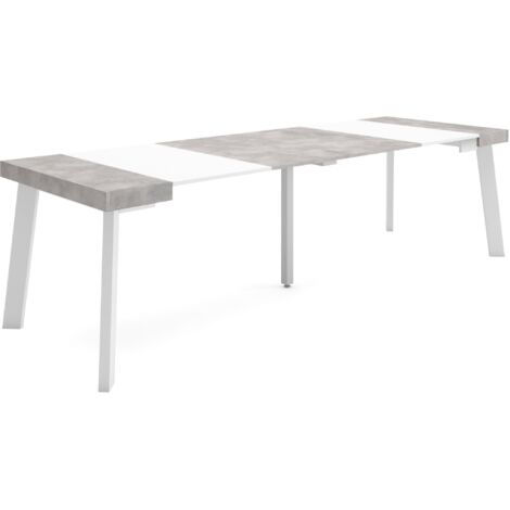 Skraut Home - Ausziehbarertisch, Multifunktionaler ausziehbarer, 260, Für 12 Gäste, Hölzerne Beine, Moderner Stil, Mattweiß und Zementgrau