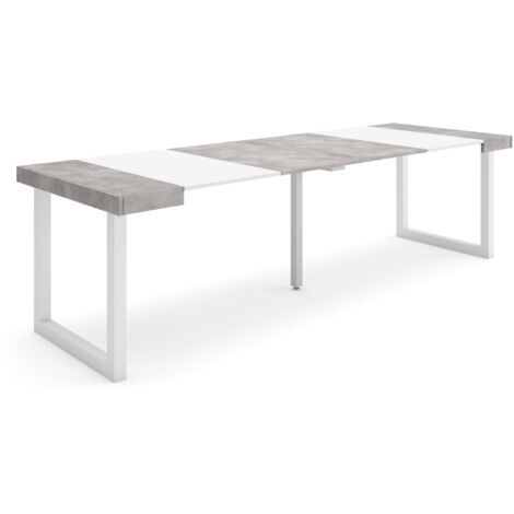 Skraut Home - Ausziehbarertisch, Multifunktionaler ausziehbarer, 260, Für 12 Gäste, Massivholz Beine, Moderner Stil, Mattweiß und Zementgrau