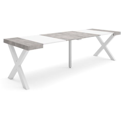 Skraut Home - Ausziehbarertisch, Multifunktionaler ausziehbarer, 260, Für 12 Gäste, Massivholz Beine, Moderner Stil, Mattweiß und Zementgrau