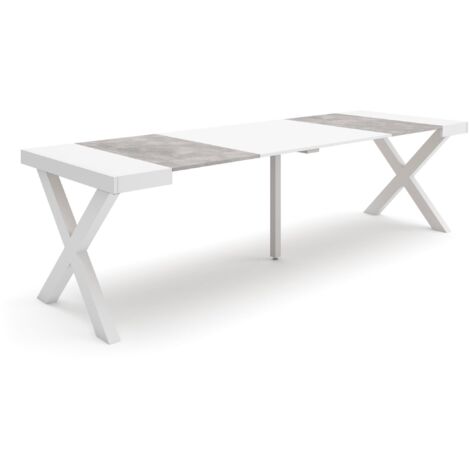 Skraut Home - Ausziehbarertisch, Multifunktionaler ausziehbarer, 260, Für 12 Gäste, Massivholz Beine, Moderner Stil, Mattweiß und Zementgrau