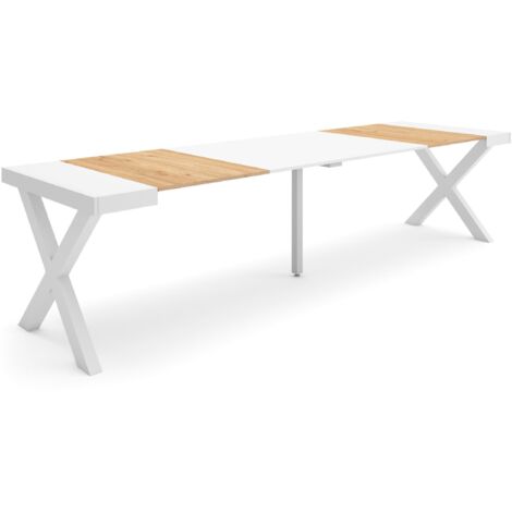 Skraut Home - Ausziehbarertisch, Multifunktionaler ausziehbarer, 300, Für 14 Gäste, Massivholz Beine, Moderner Stil, Eiche und weiß