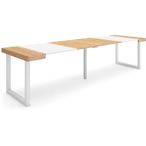 Skraut Home - Ausziehbarertisch, Multifunktionaler ausziehbarer, 300, Für 14 Gäste, Massivholz Beine, Moderner Stil, Eiche und weiß