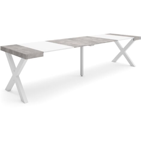 Skraut Home - Ausziehbarertisch, Multifunktionaler ausziehbarer, 300, Für 14 Gäste, Massivholz Beine, Moderner Stil, Mattweiß und Zementgrau