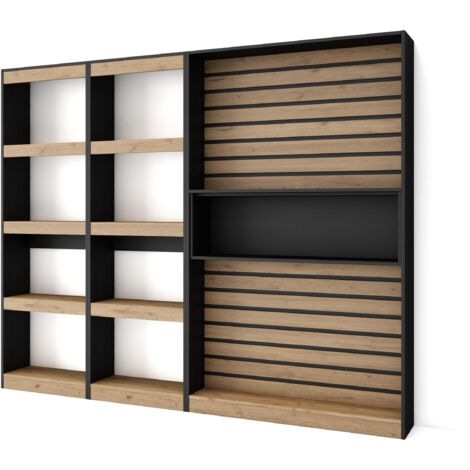 Skraut Home - Bücherregal Bibliothek, Bookshelf, Bookcase, 230x186x25cm, Wohnzimmer, Esszimmer, Büro, Aufbewahrungsregal, Moderner Stil, Eiche Schwarz