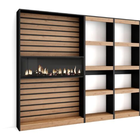 Skraut Home - Bücherregal Bibliothek, Bookshelf, Bookcase, 230x186x25cm, Wohnzimmer, Esszimmer, Büro, Elektrokamin, Moderner Stil, Eiche Schwarz