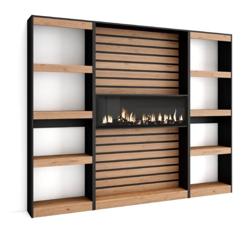 Skraut Home - Bücherregal Bibliothek, Bookshelf, Bookcase, 230x186x25cm, Wohnzimmer, Esszimmer, Büro, Elektrokamin, Moderner Stil, Eiche Schwarz