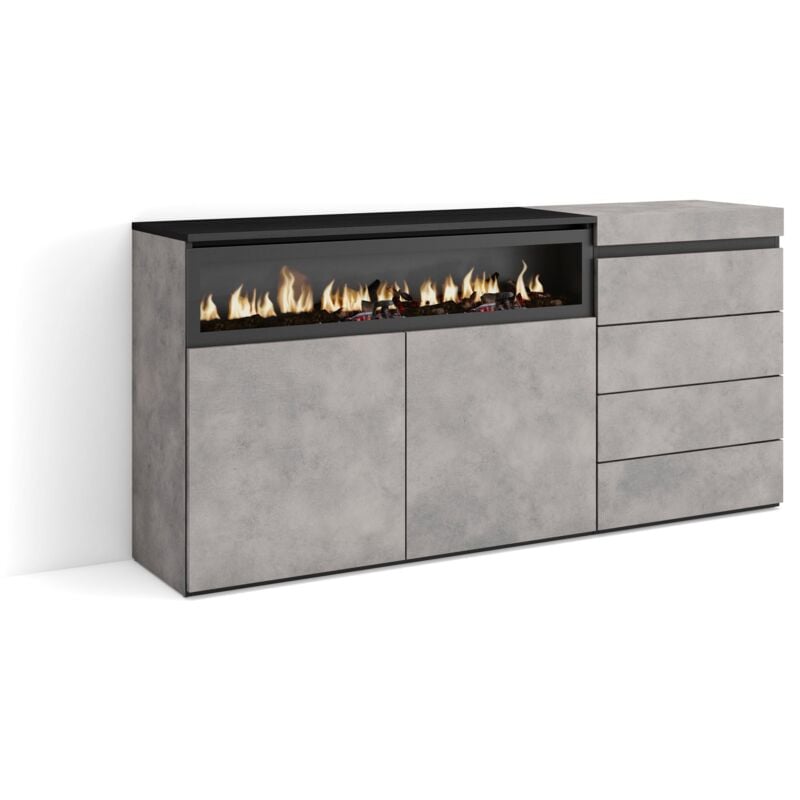 Buffet, Bahut, Meuble de Rangement, 157x75x35 cm, Chambre à coucher, pièce, Cheminée électrique, Commode, Buffet, Style moderne, Gris Ciment - Skraut
