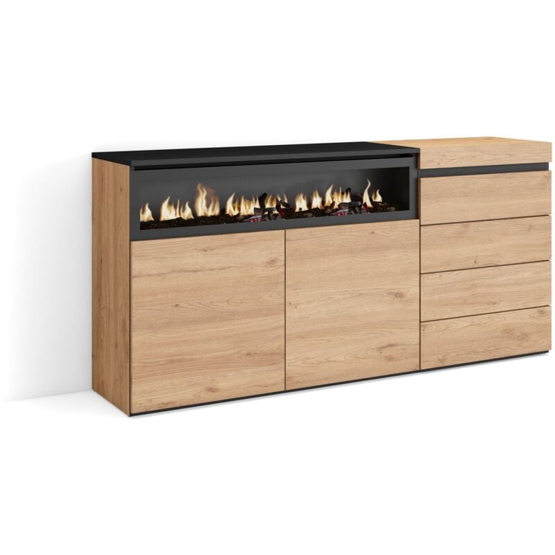 Buffet, Bahut, Meuble de Rangement, 157x75x35 cm, Chambre à coucher, pièce, Cheminée électrique, Commode, Buffet, Style moderne, Chêne - Skraut Home