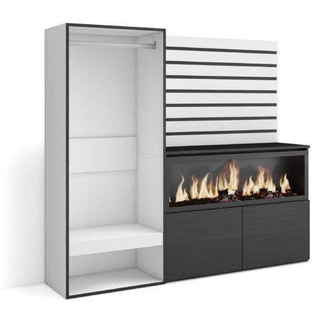 Skraut Home - Buffet, Bahut, Meuble de Rangement, 167x145x35 cm, Chambre à coucher, pièce, Cheminée électrique XXL, Vestiaire ouvert, Style moderne, Blanc