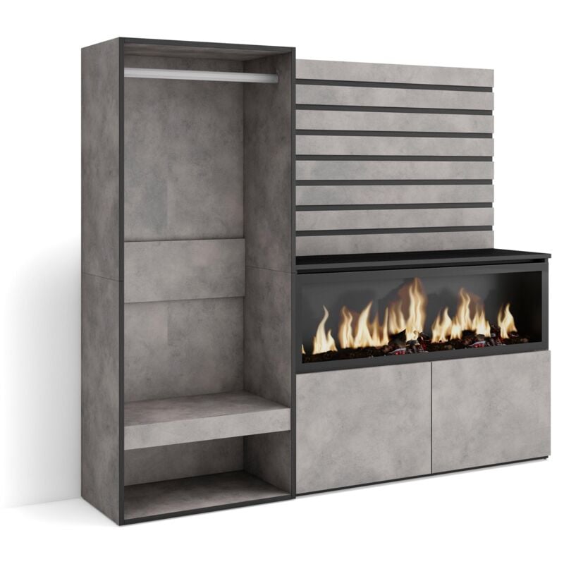 Buffet, Bahut, Meuble de Rangement, 167x145x35 cm, Chambre à coucher, pièce, Cheminée électrique xxl, Vestiaire ouvert, Style moderne, Gris Ciment