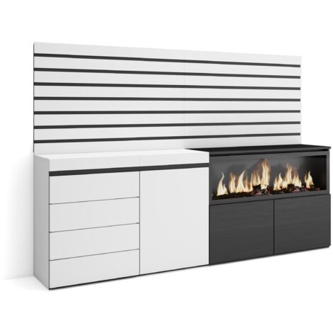 Skraut Home - Buffet, Bahut, Meuble de Rangement, 214x145x35 cm, Chambre à coucher, pièce, Cheminée électrique XXL, Commode, Buffet, Style moderne, Blanc