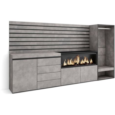 Skraut Home - Buffet, Bahut, Meuble de Rangement, 274x145x35 cm, Chambre à coucher, pièce, Cheminée électrique XXL, Commode, Buffet, Vestiaire ouvert, Style moderne, Gris Ciment