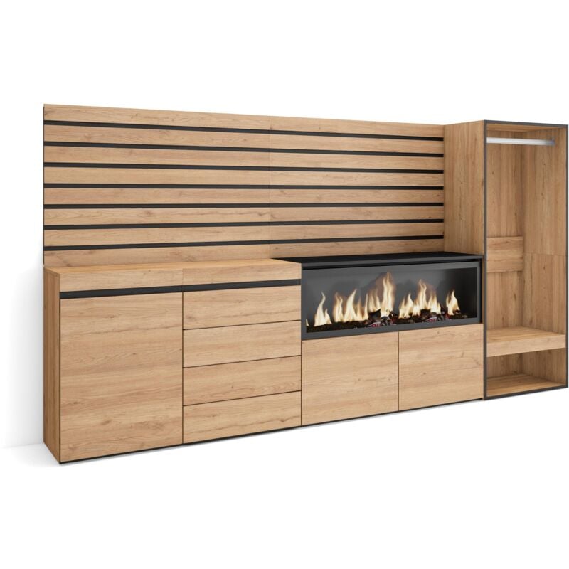 Buffet, Bahut, Meuble de Rangement, 274x145x35 cm, Chambre à coucher, pièce, Cheminée électrique xxl, Commode, Buffet, Vestiaire ouvert, Style