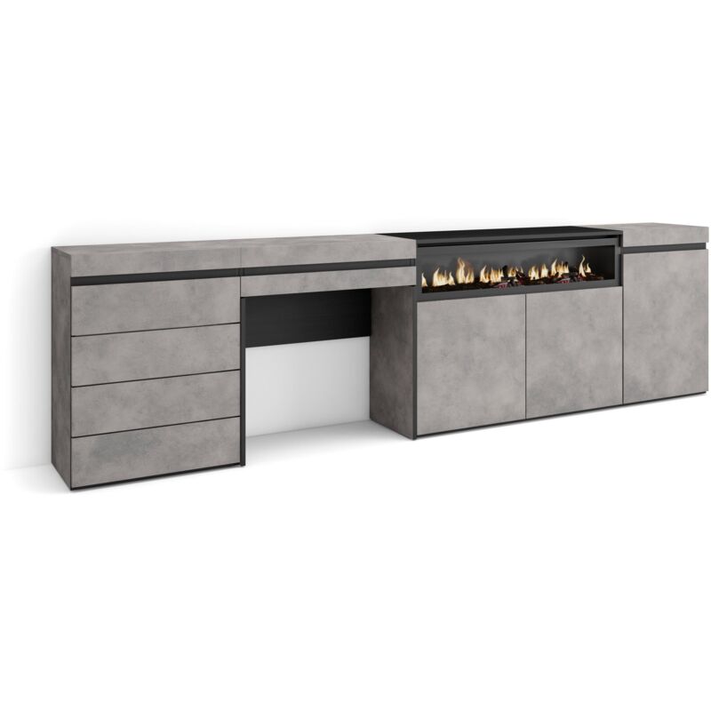 Buffet, Bahut, Meuble de Rangement, 277x75x35 cm, Chambre à coucher, pièce, Cheminée électrique, Commode, Buffet, Coiffeuse, Style moderne, Gris