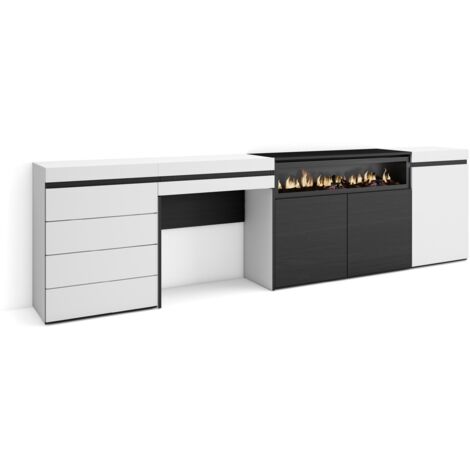 Skraut Home – Buffet moderne blanc 277x75x35 cm – Meuble de rangement avec cheminée électrique – Commode et coiffeuse intégrées – Design élégant