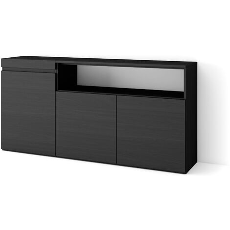 Skraut Home – Buffet moderne noir 150x75x35cm – 3 portes – Meuble de rangement et à chaussures – Design épuré pour salon et cuisine