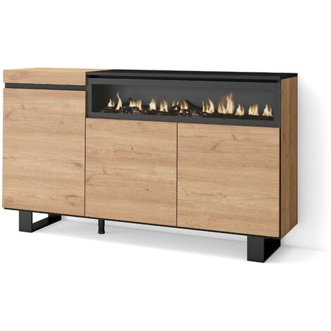 Skraut Home – Buffet salon et cuisine 150x87x35cm – 3 portes – Cheminée électrique LED – Chêne et noir – Design industriel moderne