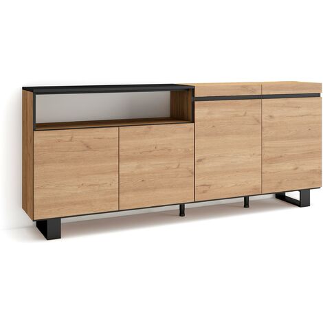 Skraut Home – Buffet salon et cuisine 200x87x35cm – 4 portes – Chêne et noir – Design industriel avec pieds métalliques – Meuble de rangement moderne