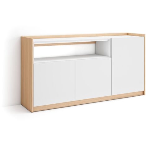 Skraut Home - Buffet salon et cuisine, Commode, 156x37x80cm, 3 Portes, Meuble chaussure, Blanc et Chêne Soft
