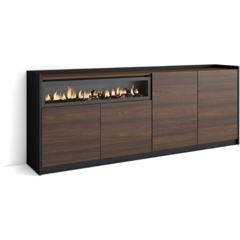 Skraut Home - Buffet salon et cuisine, Commode, 207x37x80cm, 4 Portes, Cheminée électrique, Chêne foncé et Noir
