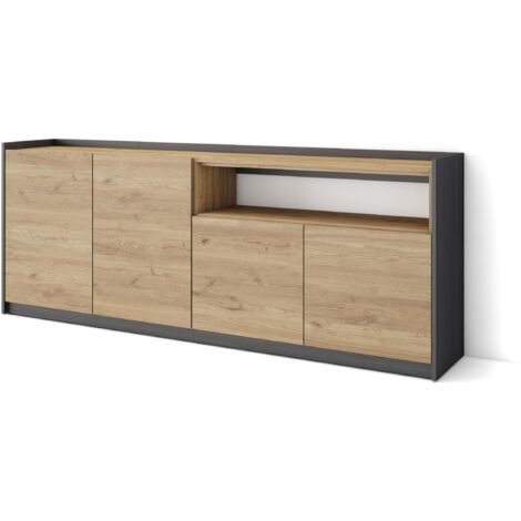 Skraut Home - Buffet salon et cuisine, Commode, 207x37x80cm, 4 Portes, Meuble chaussure, Chêne et noir