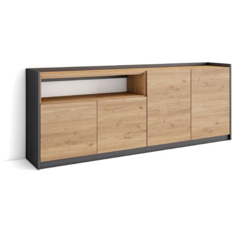 Skraut Home - Buffet salon et cuisine, Commode, 207x37x80cm, 4 Portes, Meuble chaussure, Chêne et noir