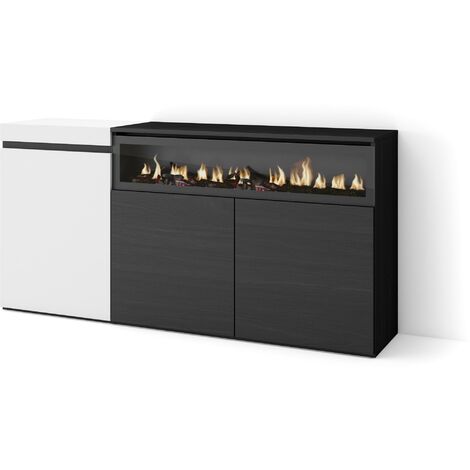 Skraut Home - Buffet salon et cuisine, Meuble de Rangement, Commode, 150x75x35cm, 3 Portes, Cheminée électrique, Style moderne, Blanc et noir