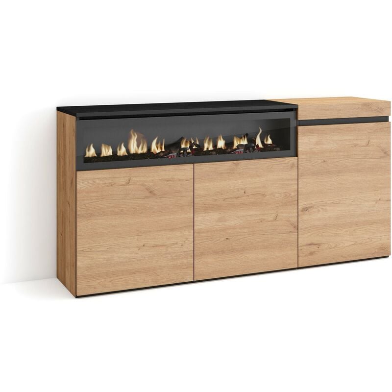 Buffet salon et cuisine, Meuble de Rangement, Commode, 150x75x35cm, 3 Portes, Cheminée électrique, Style moderne, Chêne et noir - Skraut Home