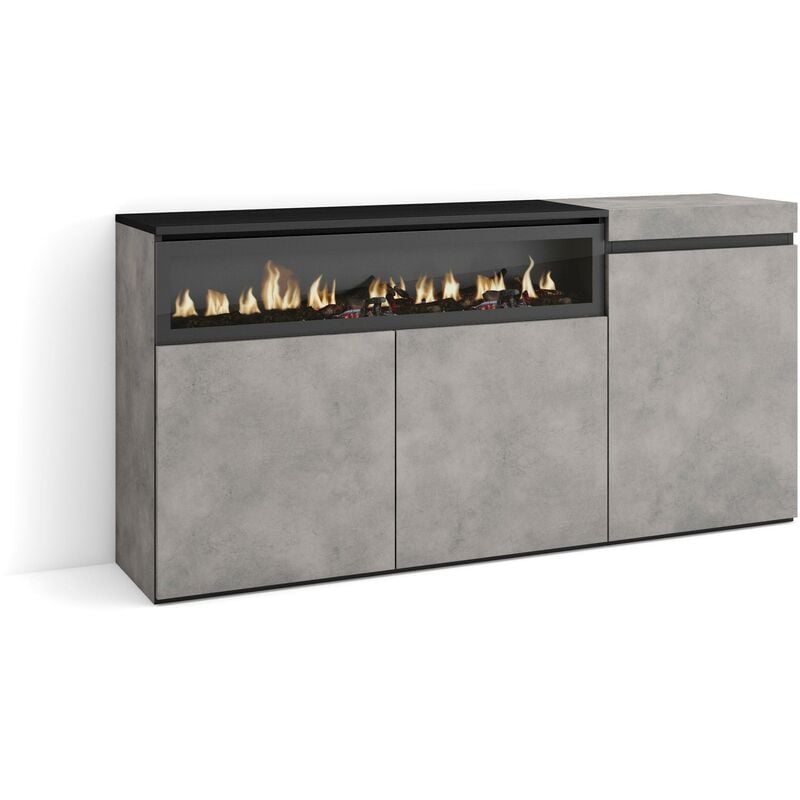 Buffet salon et cuisine, Meuble de Rangement, Commode, 150x75x35cm, 3 Portes, Cheminée électrique, Style moderne, Gris Ciment - Skraut Home