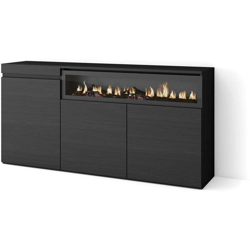Buffet salon et cuisine, Meuble de Rangement, Commode, 150x75x35cm, 3 Portes, Cheminée électrique, Style moderne, Noir - Skraut Home