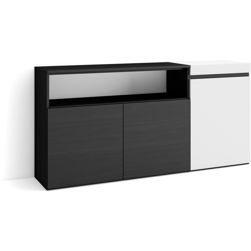 Buffet salon et cuisine, Meuble de Rangement, Commode, 150x75x35cm, 3 Portes, Meuble chaussure, Style moderne, Blanc et noir - Skraut Home