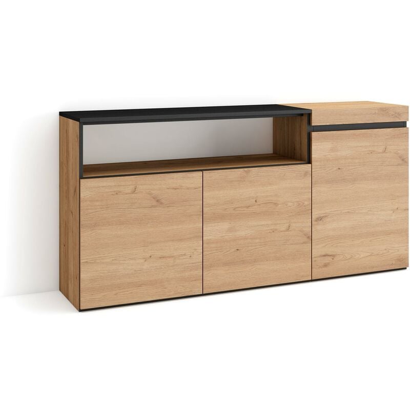 Buffet salon et cuisine, Meuble de Rangement, Commode, 150x75x35cm, 3 Portes, Meuble chaussure, Style moderne, Chêne et noir - Skraut Home