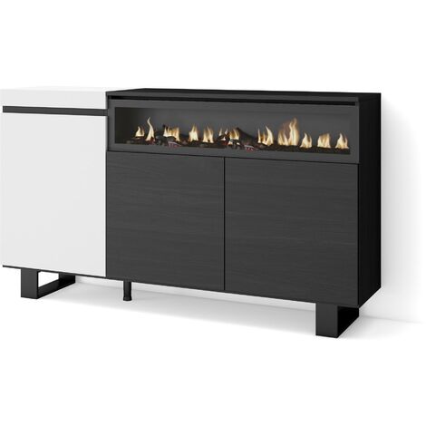 Skraut Home - Buffet salon et cuisine, Meuble de Rangement, Commode, 150x87x35cm, 3 Portes, Cheminée électrique, Design industriel, Style moderne, Blanc et noir
