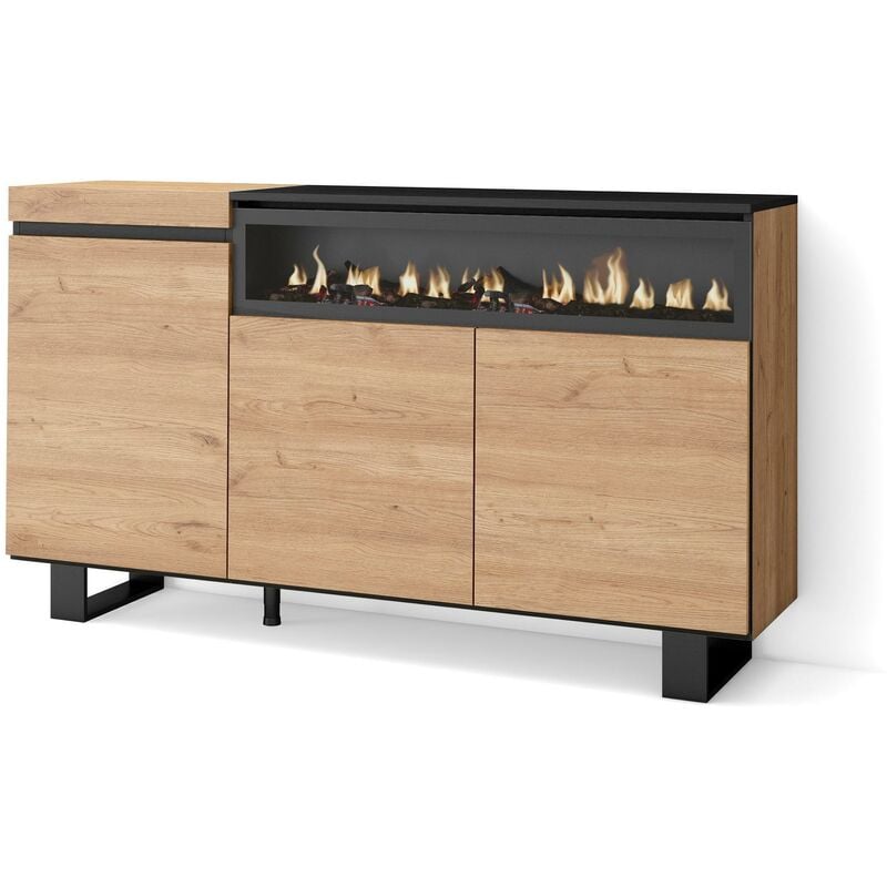 Skraut Home - Buffet salon et cuisine, Meuble de Rangement, Commode, 150x87x35cm, 3 Portes, Cheminée électrique, Design industriel, Style moderne,