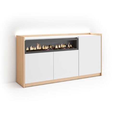 Skraut Home - Buffet salon et cuisine, Meuble de Rangement, Commode, 156x37x80cm, 3 Portes, Cheminée électrique, LED, Style moderne, Blanc et Chêne Soft