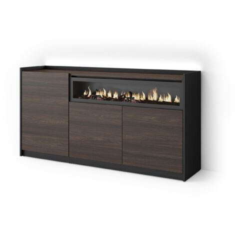 Skraut Home - Buffet salon et cuisine, Meuble de Rangement, Commode, 156x37x80cm, 3 Portes, Cheminée électrique, LED, Style moderne, Chêne foncé et Noir