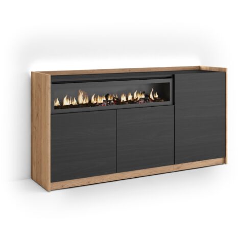 Skraut Home - Buffet salon et cuisine, Meuble de Rangement, Commode, 156x37x80cm, 3 Portes, Cheminée électrique, LED, Style moderne, Noir et chêne